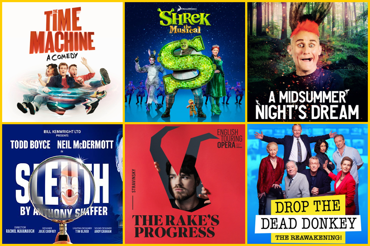 Posters for The Time Machine, Shrek: The Musical, A Midsummer Night's Dream, Sleuth, The Rake's Progress, Drop the Dead Donkey